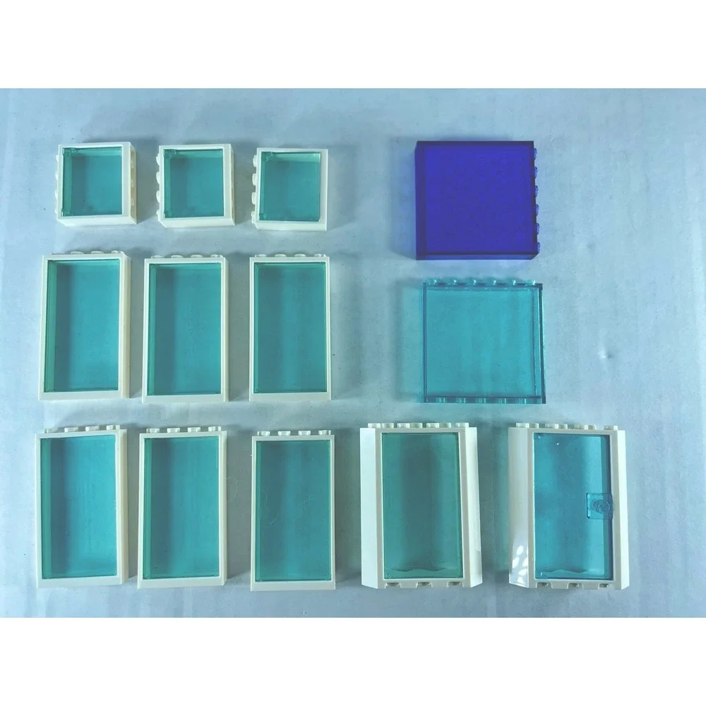 Lego 6 Windows And 4 Doors Lot White Frame With Trans-Light Blue Glass / City